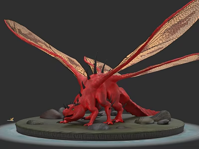 Mythical Red Dragon With Large Textured Wings Standing On Rock Platform 3d model
