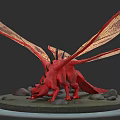 Mythical Red Dragon With Large Textured Wings Standing On Rock Platform