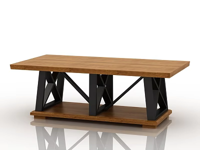 Modern Coffee Table With Wooden Top Black Metal X Shaped Legs And Lower Shelf 3d model