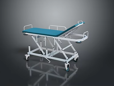 Mobile Medical Stretcher Bed With Blue Mattress White Frame And Wheels 3d model