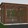 Wooden Garden Pavilion With Lattice Structure Surrounded By Green Plants And Lawn