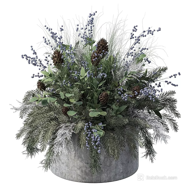 Natural Floral Arrangement in Vase with Pinecones Blue Berries Eucalyptus Leaves and Evergreen Branches 3d model 
