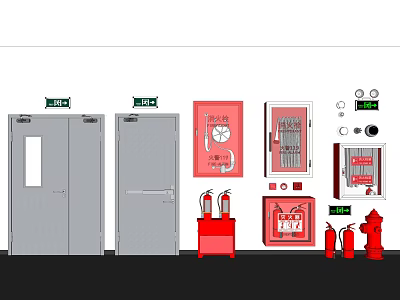 Essential Fire Safety Equipment With Fire Doors Extinguishers Hydrants And Cabinets 3d model