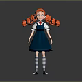 Cartoon Girl With Red Hair Pigtails Blue Dress White Shirt Gray Striped Socks Black Shoes