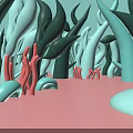 Abstract 3D Environment With Green Blue Plant Structures And Red Coral On Pink Ground