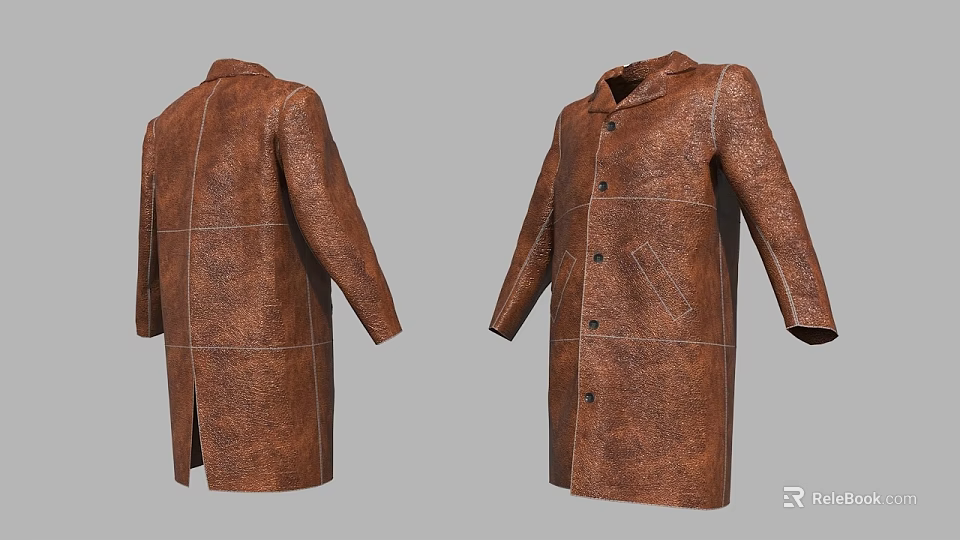 Brown Leather Long Coat Front And Back 3d model