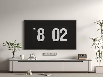 White TV Stand With Digital TV Showing Time And Decorative Items Near Potted Plant 3d model