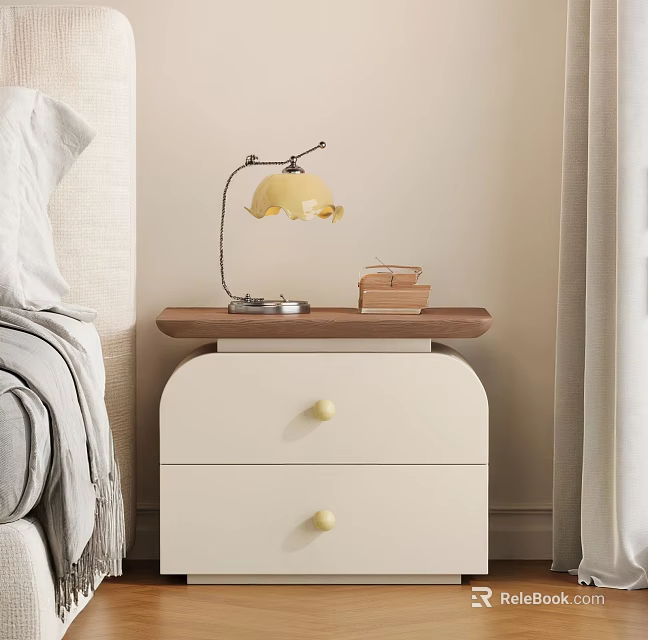 White Bedroom Bedside Table With Two Drawers Wooden Top Yellow Lamp And Decor 3d model 