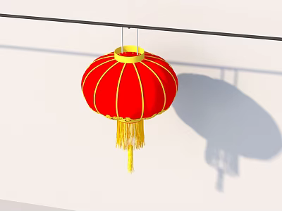Red Lantern Household Item With Yellow Tassels Hanging On Black Pole White Wall With Shadow 3d model