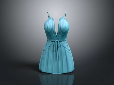 Elegant Turquoise Sleeveless Dress With Spaghetti Straps Deep V Neck And Self Tie Waist Belt 3d model