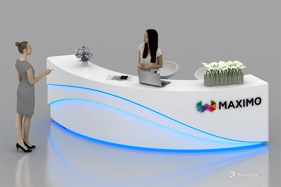 Modern Curved Reception Desk With Blue Lighting Flower Vase And MAXIMO Logo 3d model 