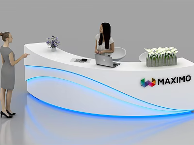 Modern Curved Reception Desk With Blue Lighting Flower Vase And MAXIMO Logo 3d model