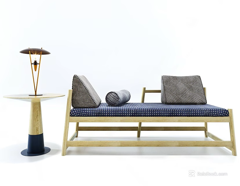 Modern Sectional Sofa With Wooden Frame Blue Patterned Upholstery Accent Pillows And Side Table 3d model 