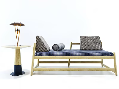 Modern Sectional Sofa With Wooden Frame Blue Patterned Upholstery Accent Pillows And Side Table 3d model