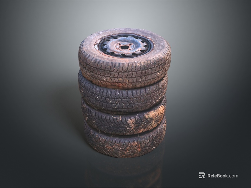 Stack of Used Car Tires with Metal Rims and Worn Tread Surface 3d model 