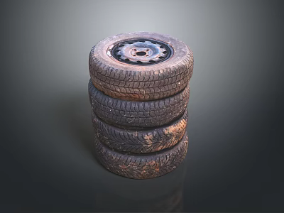 Stack of Used Car Tires with Metal Rims and Worn Tread Surface 3d model
