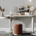 Modern Dressing Table With Round Mirror Makeup Products Pampas Grass And Hanging Lamp