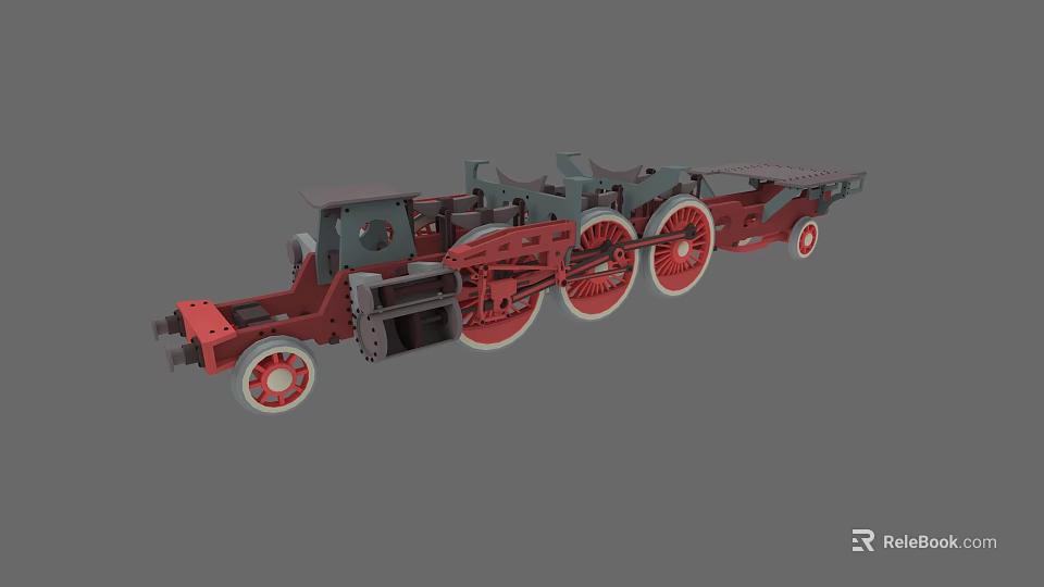 Vintage Train Mechanical Chassis With Red Gray Large Wheels And Detailed Components 3d model 