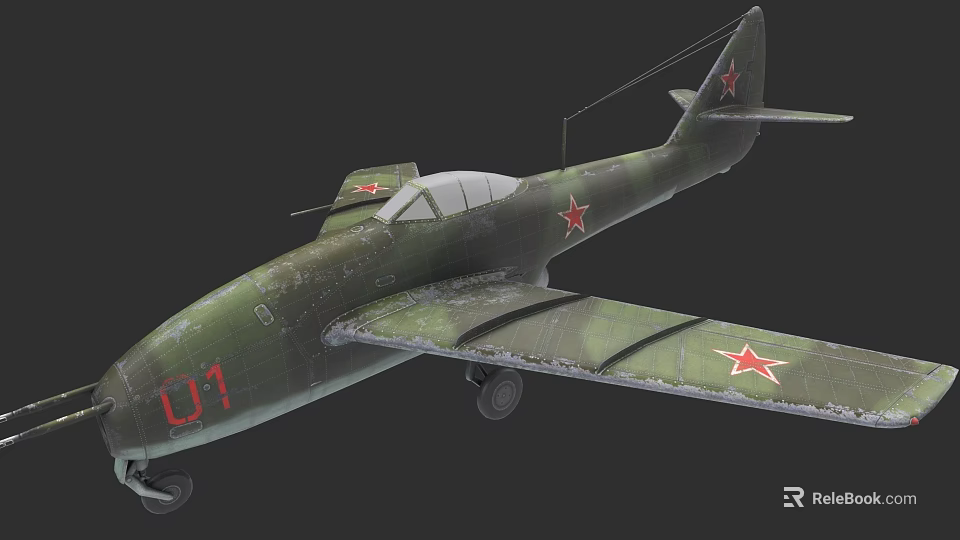 Vintage Fighter Jet with Camouflage Paint Red Star Insignia Number 01 on Wings and Fuselage 3d model 