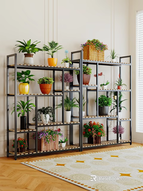 Indoor Potted Plants Display On Black Metal Shelves With Various Greenery And Colorful Pots 3d model 