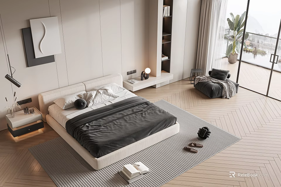 Modern Bedroom Interior With Double Bed Nightstand Table Lamp And Area Rug 3d model 