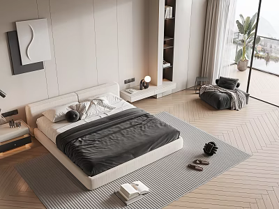 Modern Bedroom Interior With Double Bed Nightstand Table Lamp And Area Rug 3d model