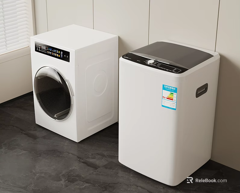 White Washing Machine And Dryer With Black Panel In Modern Indoor Setting 3d model