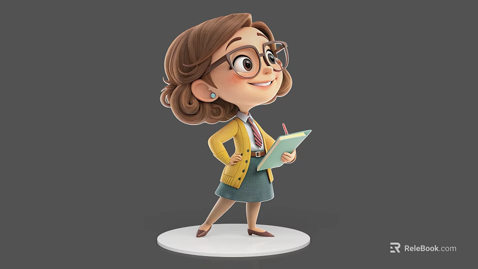 3D Cartoon Game Female Character Wearing Glasses Yellow Cardigan Blue Skirt Holding Notebook Pencil 3d model 