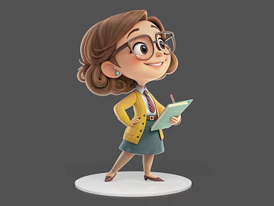 3D Cartoon Game Female Character Wearing Glasses Yellow Cardigan Blue Skirt Holding Notebook Pencil 3d model