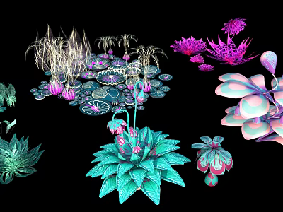 Colorful Artistic Botanical Plants With Vibrant Pink Blue And Green Designs 3d model