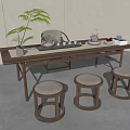Modern Tea Table with Round Cushioned Stools and Tea Set in Minimalist Interior 3d model