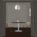 Round Dining Table Set With Two Gold Frame Chairs Beige Cushions White Wall Pendant Light 3d model