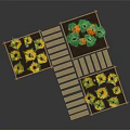 Garden with Wooden Planters Growing Sunflowers and Pumpkins Along Wooden Walkway
