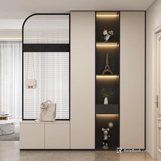 Elegant Entryway Cabinet And Side Cabinet With Decorative Ornaments And Warm Ambient Lighting 3d model 