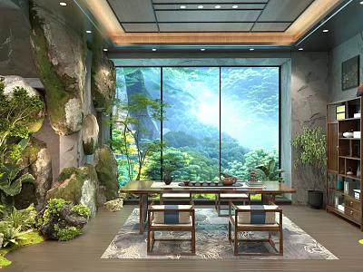 Natural Teahouse With Large Floor to Ceiling Windows Mountain Views Stone Walls And Green Plants 3d model