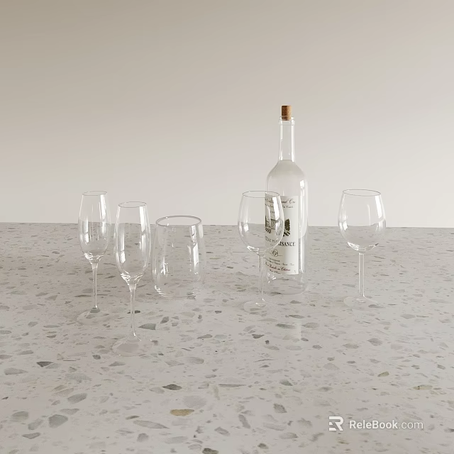 Elegant Wine Bottle And Clear Glasses Arranged On Speckled Countertop Surface 3d model 