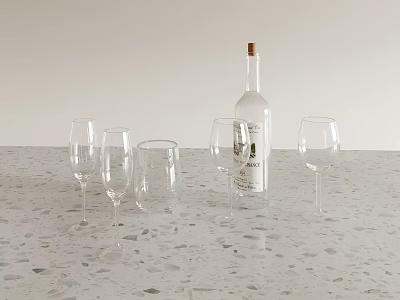 Elegant Wine Bottle And Clear Glasses Arranged On Speckled Countertop Surface 3d model