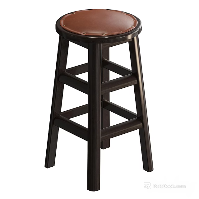 Dark Wood Bar Stool With Brown Leather Seat And Crossed Rungs Design 3d model 