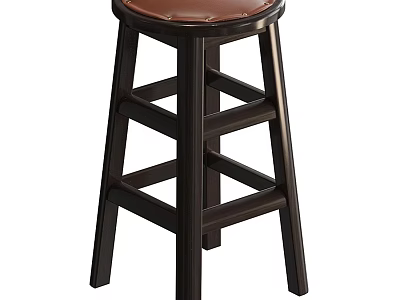 Dark Wood Bar Stool With Brown Leather Seat And Crossed Rungs Design 3d model