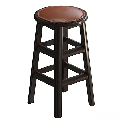Dark Wood Bar Stool With Brown Leather Seat And Crossed Rungs Design 3d model