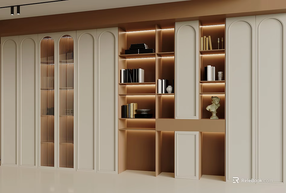 Modern Built-in Bookcase Interior With White And Brown Finish Books Decorative Items And Warm Lighting 3d model 