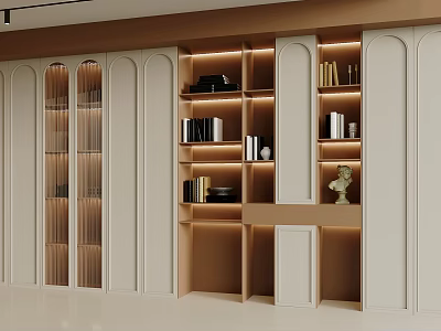 Modern Built-in Bookcase Interior With White And Brown Finish Books Decorative Items And Warm Lighting 3d model