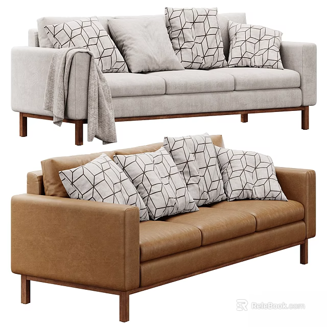 Modern Three Seater Sofa Designs Light Gray Fabric And Brown Leather With Geometric Pattern Cushions 3d model 