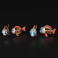 Cartoon Fish With Skeleton Structure Orange Silver Colors And Blue Eyes On Black Background