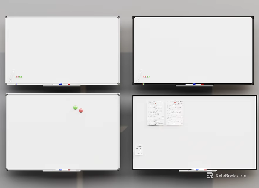 Different Whiteboard Displays Featuring Blank Surfaces Magnets And Paper Notes 3d model 