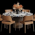 Round Marble Dining Table Set With Six Brown Chairs Vase Flower Arrangement And Tableware 3d model