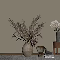 Beige And Dark Vases With Dried Grasses On Light Colored Wall Background With Light Strip