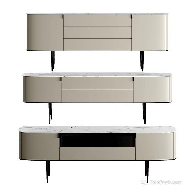 Modern TV Stand With Marble Top Drawers Cabinets And Metal Legs Design 3d model 