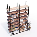 Multi Tiered Storage Shelf Unit with Wooden Shelves and Metal Frame for Home Storage Organization