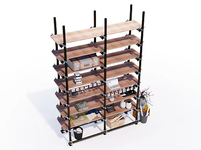 Multi Tiered Storage Shelf Unit with Wooden Shelves and Metal Frame for Home Storage Organization 3d model